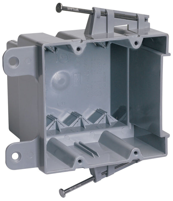 Legrand Pass & Seymour Two-Gang Switch and Outlet Box with Captive Mounting Nails on Each End and Threaded Mounting Holes, Gray