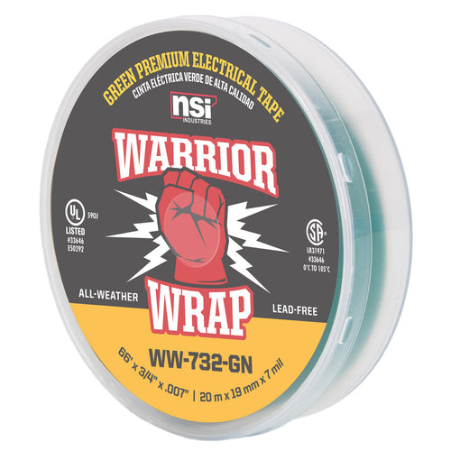 NSI Industries WW-732-GN WarriorWrap Premium Medium 3/4 in. x 66 ft. 7 mil Vinyl Electrical Tape, Green