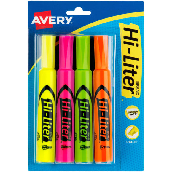 Avery® Hi-Liter® Desk-Style Highlighters, Assorted Colors, Smear Safe™, Nontoxic, 4 Highlighters (24063)