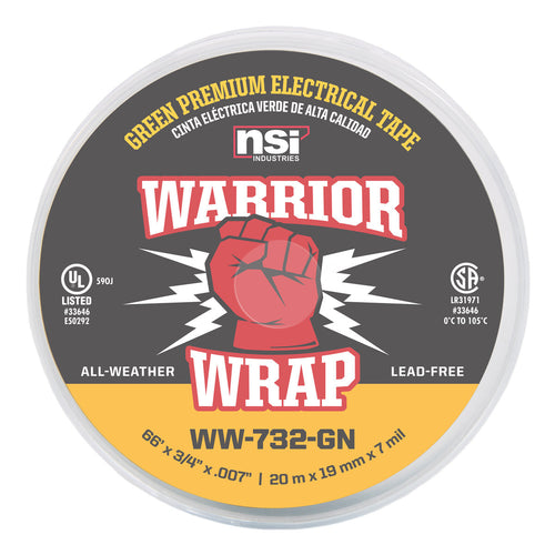 NSI Industries WW-732-GN WarriorWrap Premium Medium 3/4 in. x 66 ft. 7 mil Vinyl Electrical Tape, Green