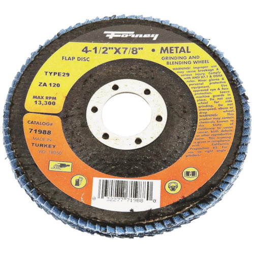 Forney 4-1/2 In. x 7/8 In. 120-Grit Type 29 Blue Zirconia Angle Grinder Flap Disc