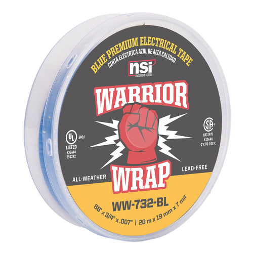 NSI Industries WW-732-BL WarriorWrap Premium Medium 3/4 in. x 66 ft. 7 mil Vinyl Electrical Tape, Blue